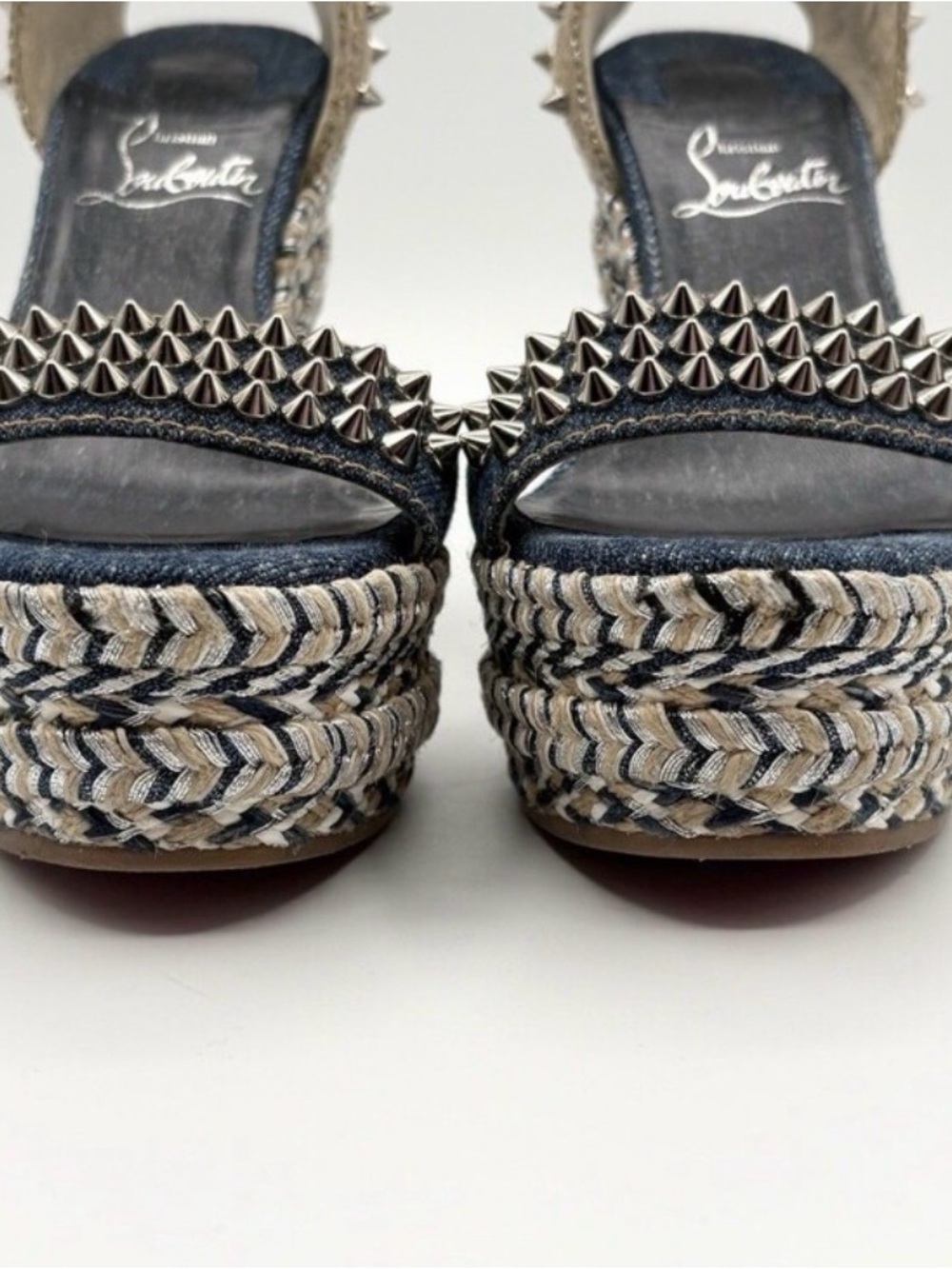 Christian Louboutin Denim & Natural Espadrille Wedge Sandals with Studs - Picture 6 of 9